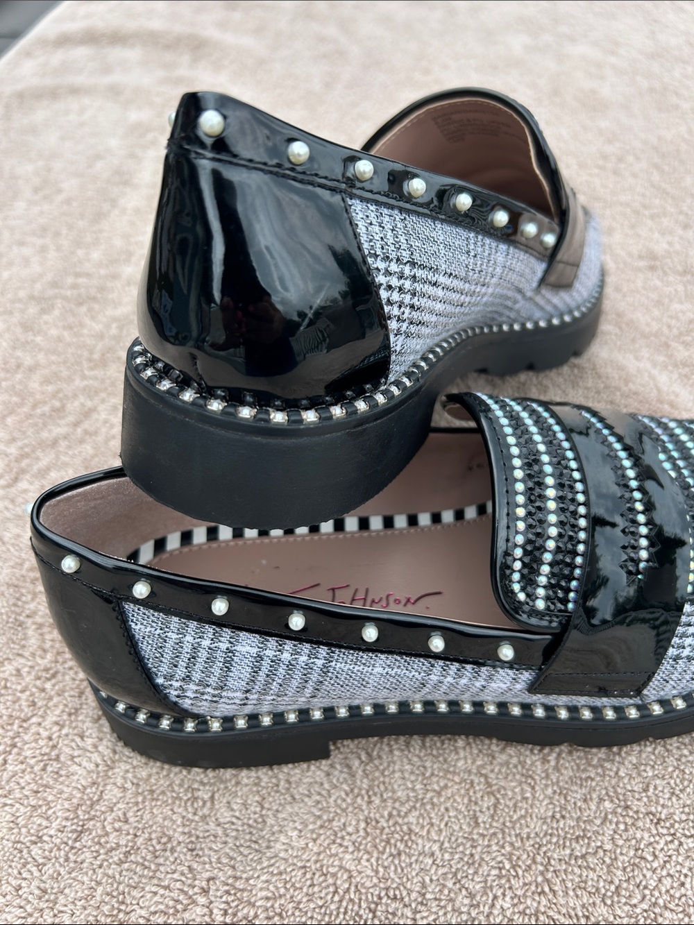 Betsey Johnson Glen Plaid Patent Rhinestone Pearl Embellished Loafers Black - Picture 2 of 10